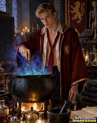 Stirring a bubbling cauldron with a wand, a blond man wears a red robe