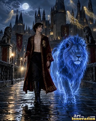 A young man wearing an unbuttoned bright red robe walks beside a blue spirit lion