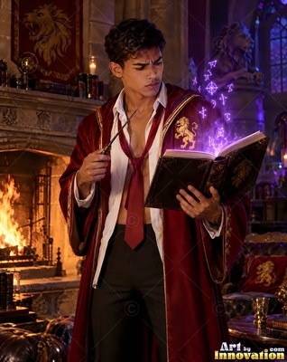 Wearing a bright red robe, a man reads a book of purple light in a stone room beside a fireplace