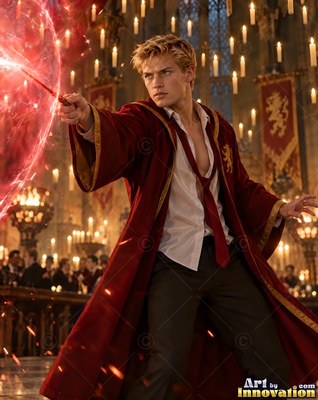 A blond young man points a wand that casts red light into a great hall