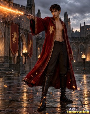 Standing in a stone courtyard, a young man points a wand sparking yellow fire