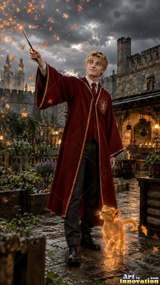 A blond man in red robes raises his wand near a small golden lion cub in a courtyard