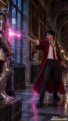 Casting a spell with his wand, a young man in a scarlet robe aims pink sparks at armor