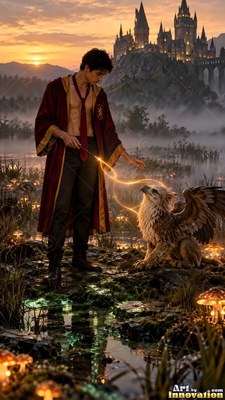 A man in a parted red robe casts magic toward a small griffin