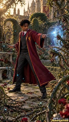 Dressed in a long deep red robe in a castle garden, a young man points a wand at vine creatures