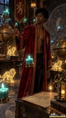 A man in a red velvet robe points his wand as teal candles float in the dim room