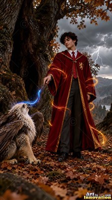 Standing by an autumn tree, a young man points his wand at a small griffin