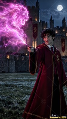 A young man in red robes casts a bright pink lion from his wand by a castle