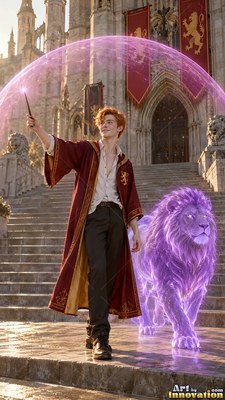 On castle steps, a red-haired man in robes casts a spell beside a purple lion