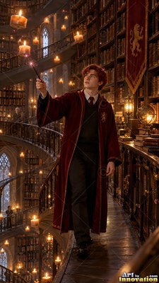 Raising his wand, a young man in a bright red robe walks past floating candles in a library