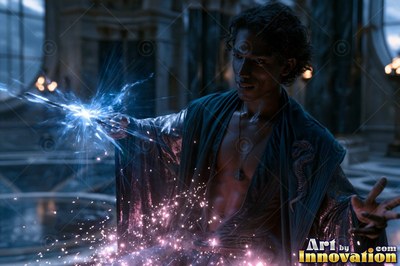 A man in open dark robes casts blue light and pink sparks from a wand