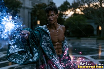Bare-chested under a dark robe, a man casts blue sparks in a stone courtyard at dusk