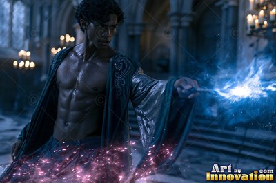 A shirtless man in robes points his wand forward under flashes of blue light