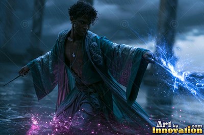 Crouching in the rain, a man in a teal robe casts blue lightning from a wand