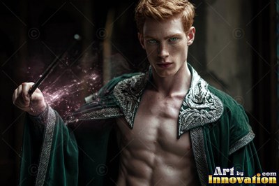 A shirtless man with red hair in an open green robe holds a sparking wand