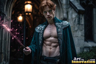 Outside a stone archway, a shirtless redheaded man holds a sparkling wand