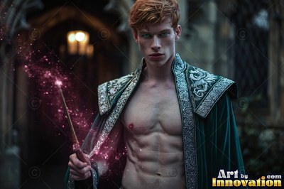 Holding a sparkling wand, a shirtless red-haired man wears an open green robe by the walls of a castle