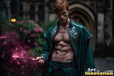 A shirtless red-haired man in a green robe points a sparkling wand