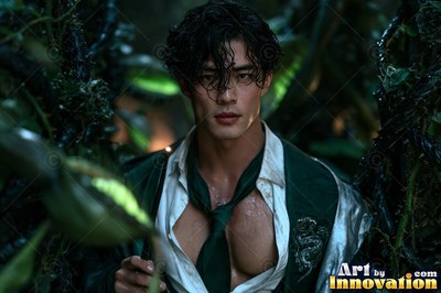 A young man stands in wet vines with his green tie loose under dim shadows