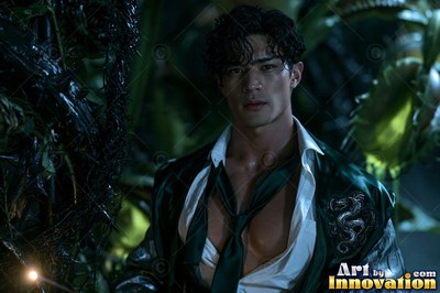 Facing forward in a dark greenhouse, a young man wears an open shirt and green robe
