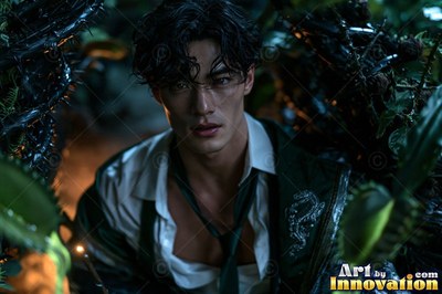 A dark-haired man in an unbuttoned white shirt stands among dark thorny vines