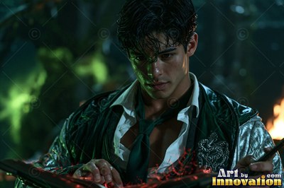 A dark-haired man reads an open red spellbook
