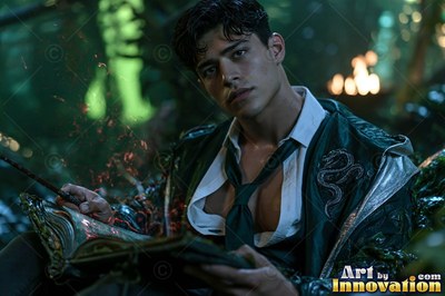 Wearing an unbuttoned white shirt in a dim green chamber, a man holds a wand over an open spellbook