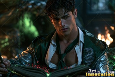 A man in a green jacket reads an open book as red sparks rise in the dim light