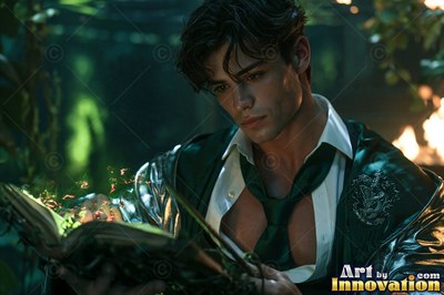 Leaning forward in a dark room, a young man in an open shirt reads an illuminated book