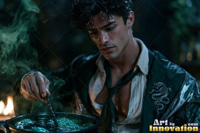 A dark-haired man in a loose shirt stirs a smoking green potion with his wand