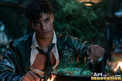 In a dark room, a young man stirs a boiling cauldron of green smoke with a wand