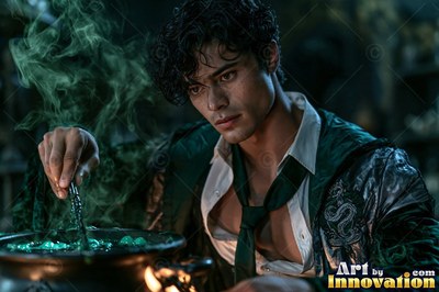 Stirring a bubbling cauldron, a dark-haired man in green robes works with his wand