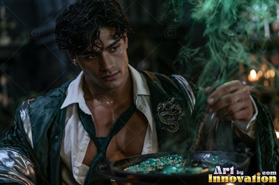 A shirtless man in a green robe stirs green smoke from a bowl