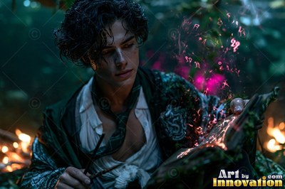 Wearing a loose green tie, a young man reads a spellbook in a dark forest as pink runes float up