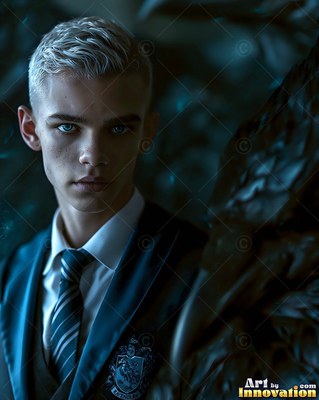 In dim blue light, a young blond man in a school uniform stands by a black raven