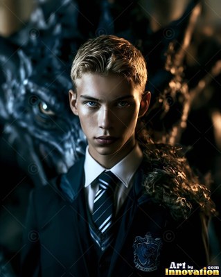 Staring forward, a blond young man in a school tie stands before a raven