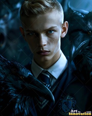 A young blond man in a school uniform stands with black ravens
