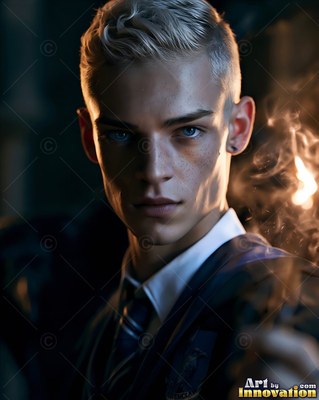Neatly parted blond hair marks a young man standing in a shadowy hall beside bright sparks