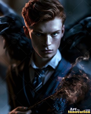 A young man stares ahead with dark wings behind him under cool blue light