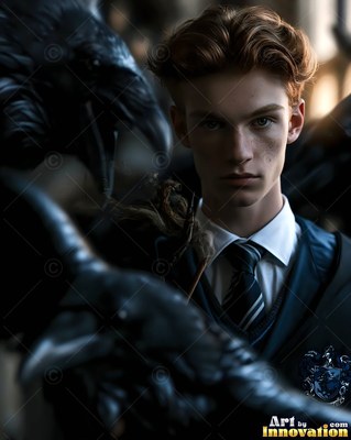 Facing forward in a dark hall, a young man in a school tie stands by large ravens