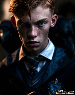 A redheaded young man in a dark school uniform stares forward with blue eyes