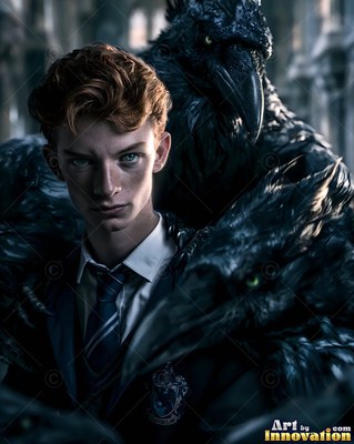 In a dim stone hall, a young man with red hair stands with two large ravens behind him