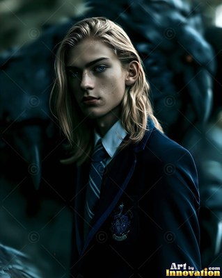 Standing in dark shadows, a blond man in a navy blazer turns toward the viewer