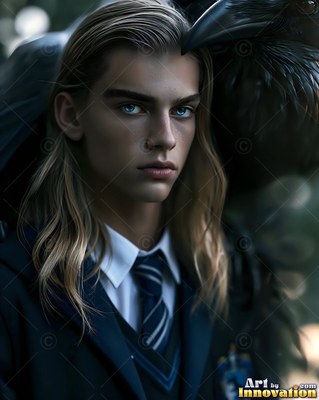 Young man in a school uniform beside a large raven
