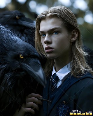 Long blond hair frames a young man in school robes standing beside black ravens outdoors