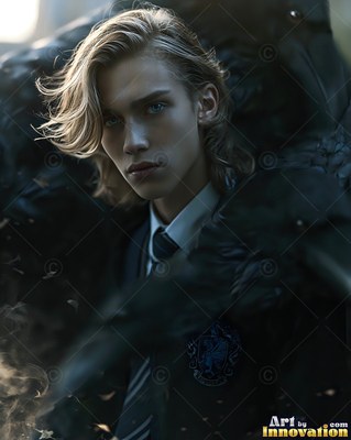 A young blond man stares forward as dark raven wings flank him in soft pale light