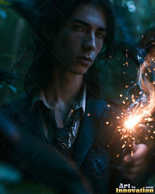 Turned in the dark woods, a young man has in his hands a sparkling fire in his hand