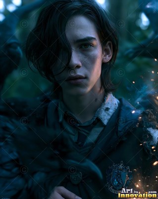 A young pale man with dark hair looks ahead in dim blue woods with birds around him