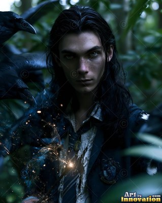 In a dark forest, a pale young man in a school uniform stands by black ravens
