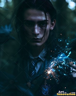 Staring ahead in the dark woods, a young man wears a school tie with blue sparks on his shoulder